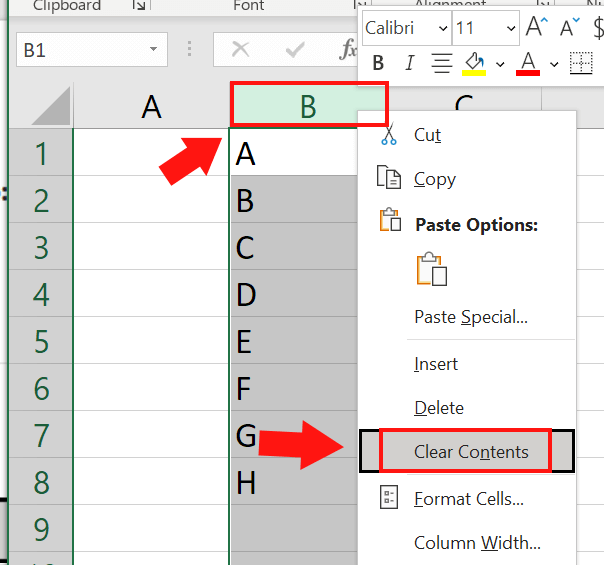 excel clear column contents