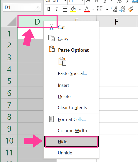 excel hide column